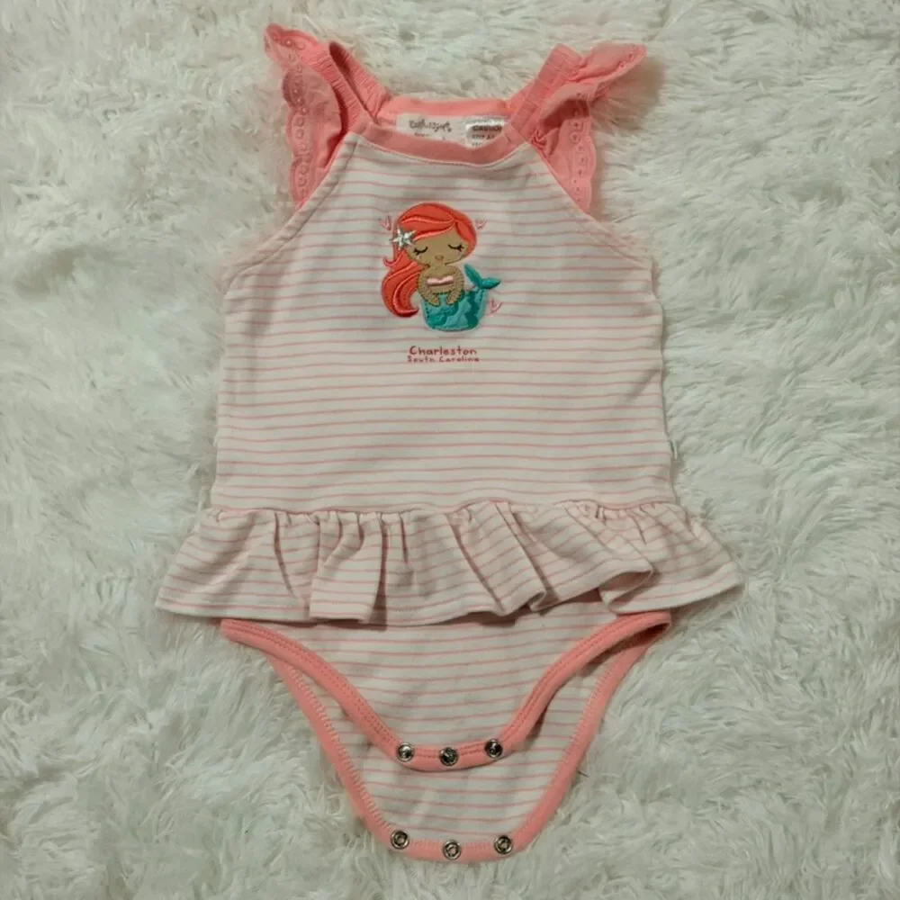 Pink Mermaid Baby Romper Dress Charleston SC 6-12M Striped Ruffle Outfit
